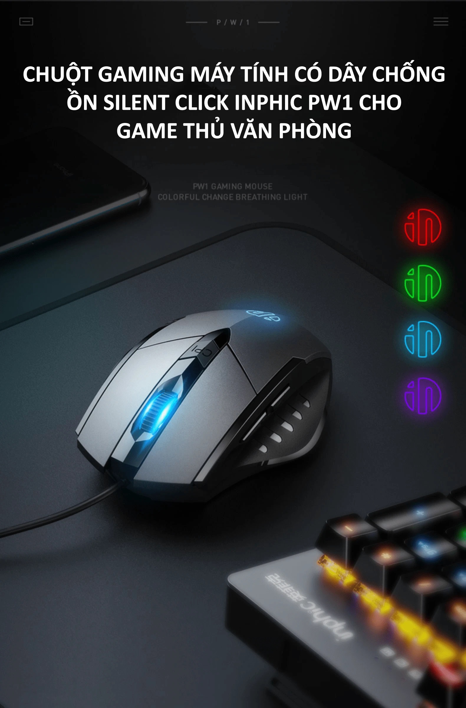 Chuột gaming máy tính có dây chống ồn silent click INPHIC PW1 đèn led 4 màu dành cho game thủ, văn phòng
