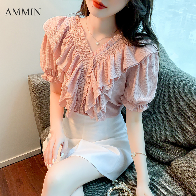 Ammin áo voan cổ chữ v diềm xếp nếp thời trang mới cho bé gái mùa hè 2022 áo mỏng rộng tay ngắn thời trang cho nữ