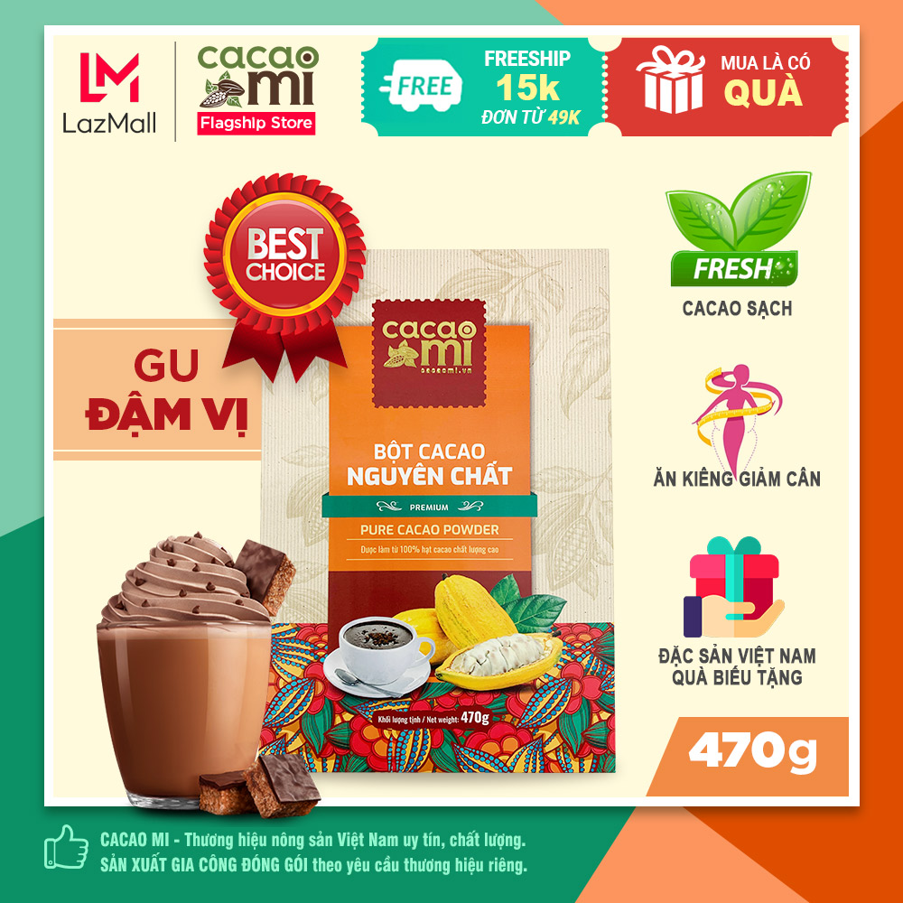 Bột ca cao nguyên chất không đường CACAOMI Premium gu đậm vị cacao dùng pha chế socola chocolate nóng trà sữa hỗ trợ giảm cân ăn kiêng đặc sản Việt Nam chuẩn xuất khẩu 470g 