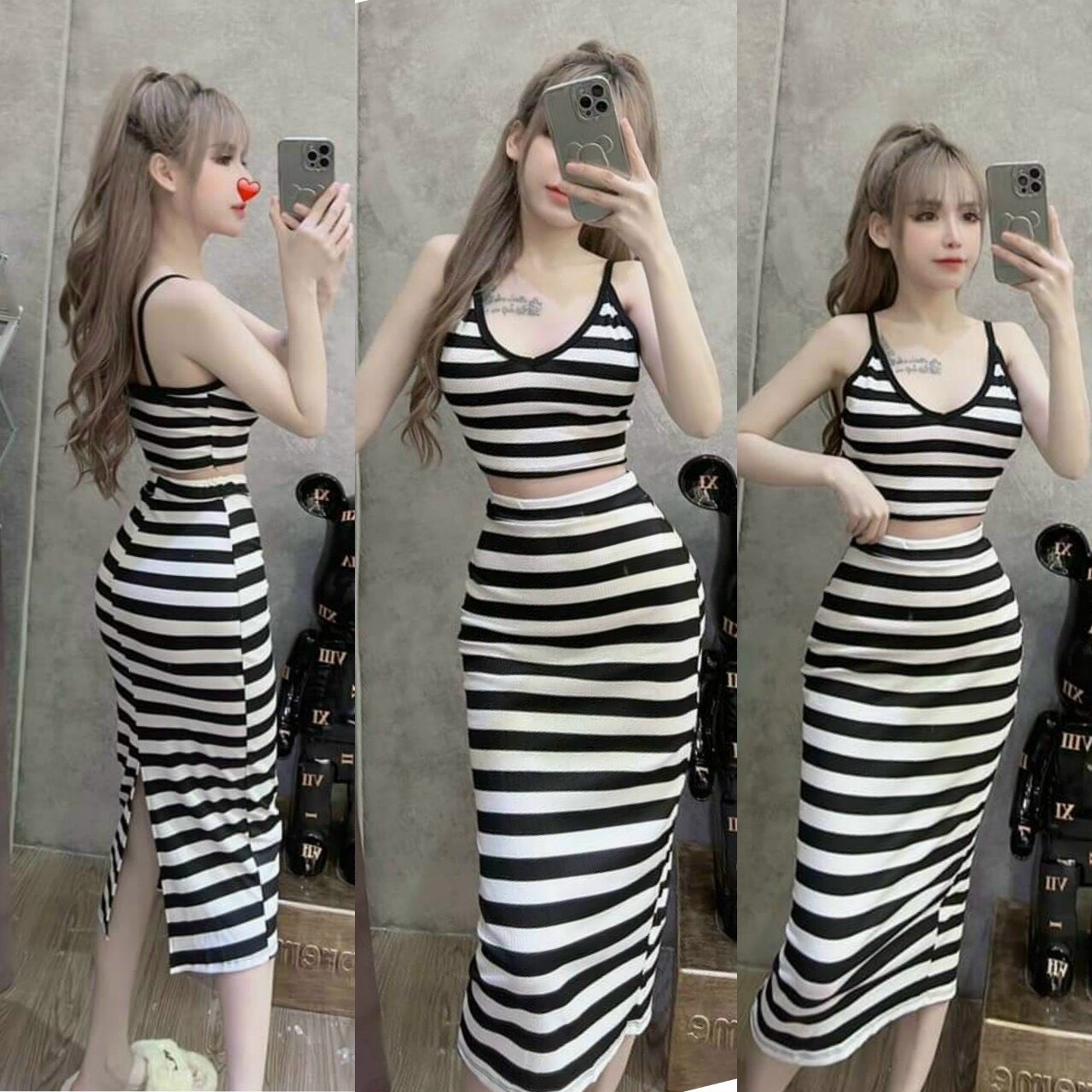 SET áo 2 dây croptop chân váy phối hoạ tiết kẻ sọc thời trang quyến ruc mùa hè