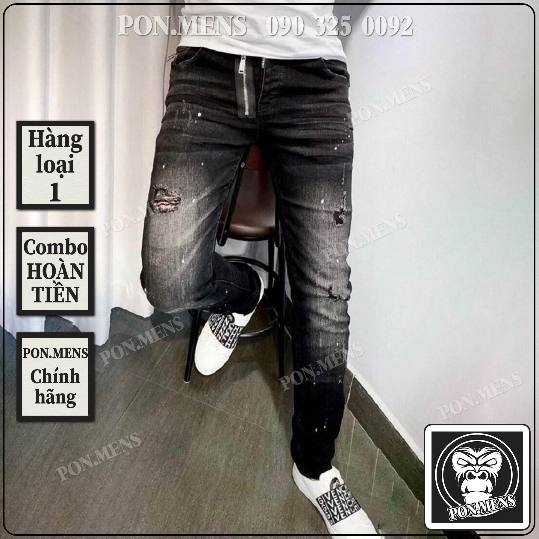 Quần jean rách nam màu đen co giãn cực tốt vảy sơn rách gối VNXK Pon.mens