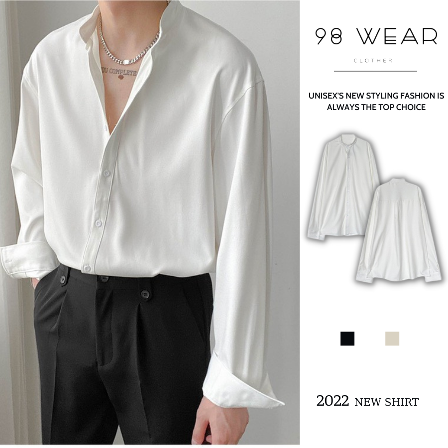 Sơ mi nam công sở Vải Lụa Co Giãn, sơ mi cổ tàu chống nhăn chống xù 98WEAR