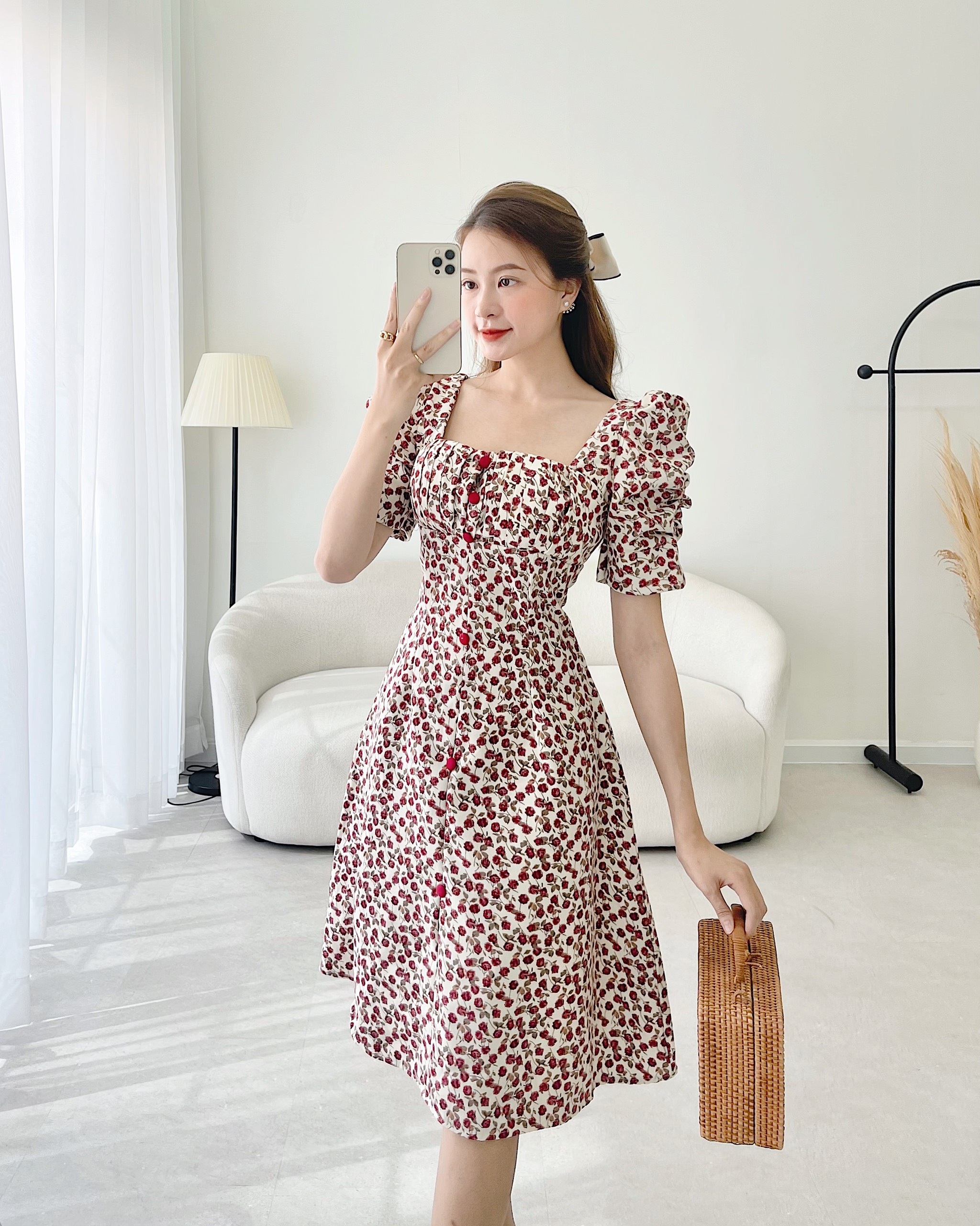 Đầm midi hoa cúp ngực phối dây nơ lưng - Rossy Fashion