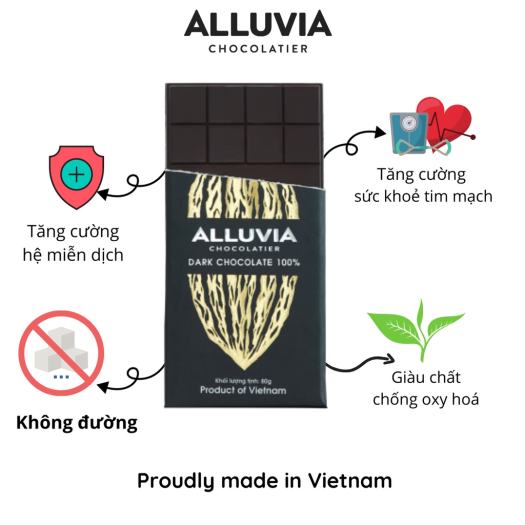 Socola đen nguyên chất không đường đắng đậm 100% ca cao Alluvia Chocolate
