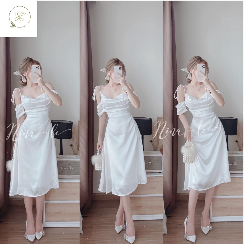 Đầm váy dự tiệc dáng xòe tiểu thư kiểu tay rớt cổ đổ cột nơ vai Hvy