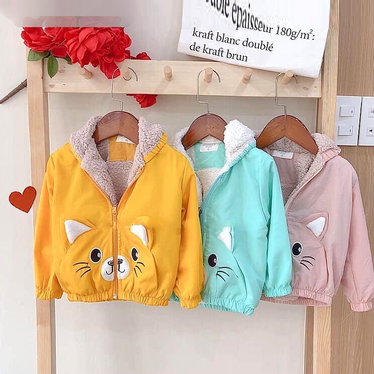 TANOSA  Áo phao lót lông cừu cho bé 1-6 tuổi túi mèo đáng yêu, nhiều màu, có mũ cao cấp