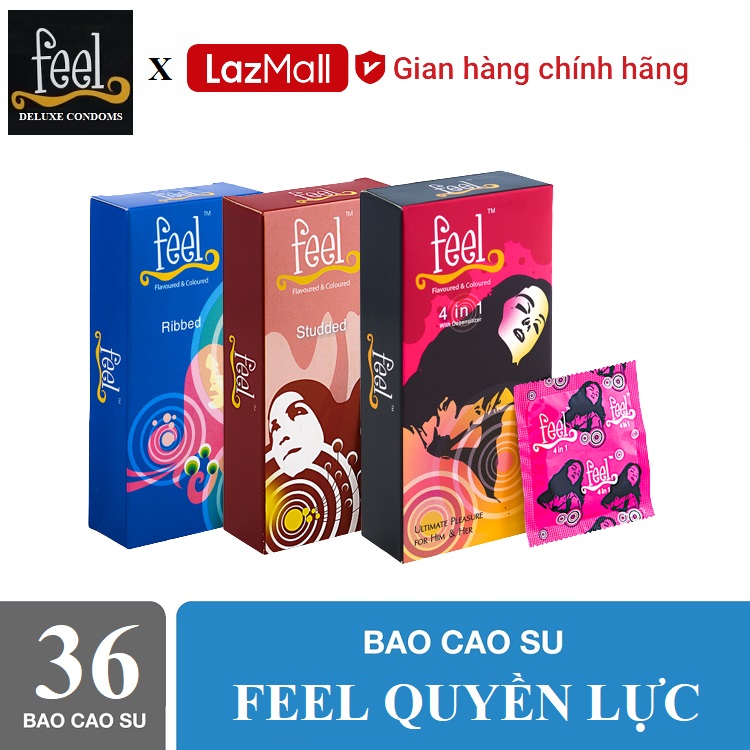 Bộ sản phẩm feel quyền lực gồm bao cao su feel 4 in 1 + bao cao su feel ribbed 12 bao + bao cao su feel studded 12 bao.