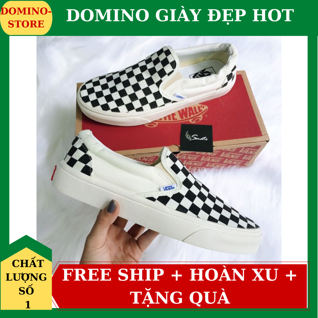 Giày Thể Thao Nam Nữ 𝐕𝐀𝐍𝐒 Caro lười viền trắng, giày thể thao 𝐕𝐀𝐍𝐒 Đen Old Skool nam nữ full box bill