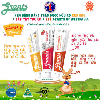 Kem đánh răng thảo dược hữu cơ Keo ong, dâu tây, quế Grants. Giúp ngăn ngừa sâu răng, viêm nướu, e buốt cháy máu chân răng. Giúp hơi thở thơm mát. Bảo vệ răng sữa cho bé