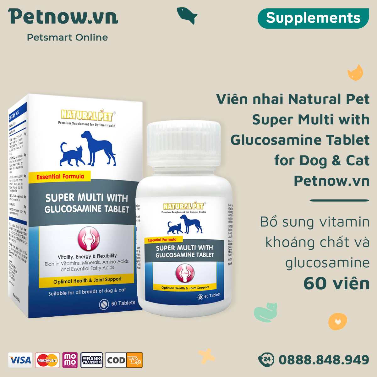 Viên nhai Natural Pet Super Multi with Glucosamine Tablet for Dog & Cat - 60 viên - Bổ sung Vitamin, khoáng chất và glucosamine Petnow