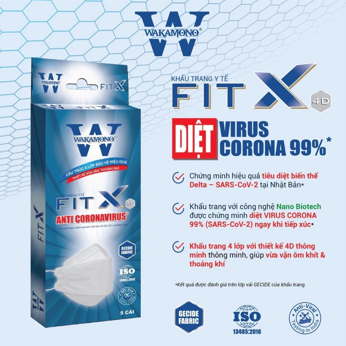 Khẩu trang 4 lớp wakamono fit x 4d diệt 99% virut
