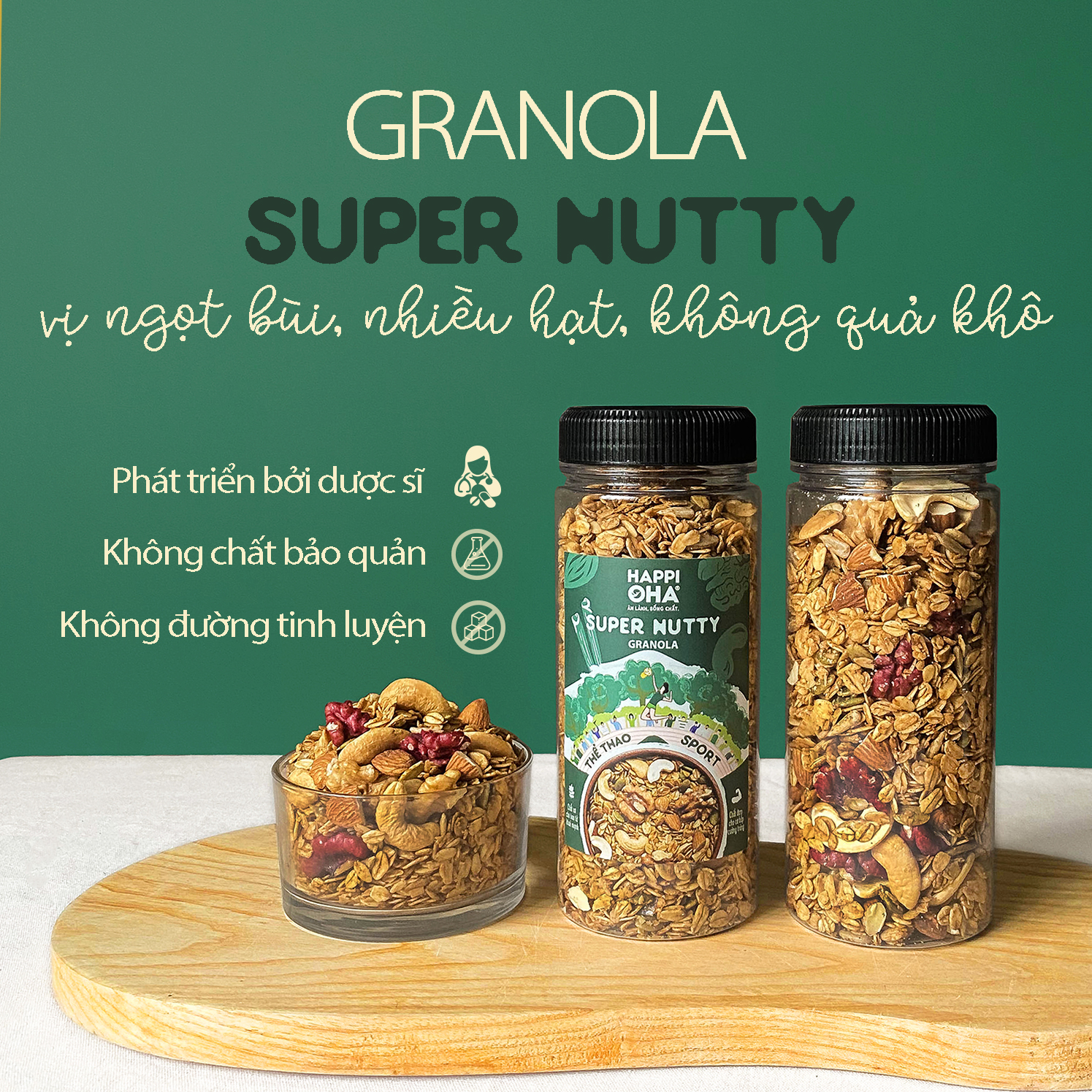 Granola super nutty happi oha - ngũ cốc ăn sáng/ngũ cốc ăn kiêng không đường tinh luyện