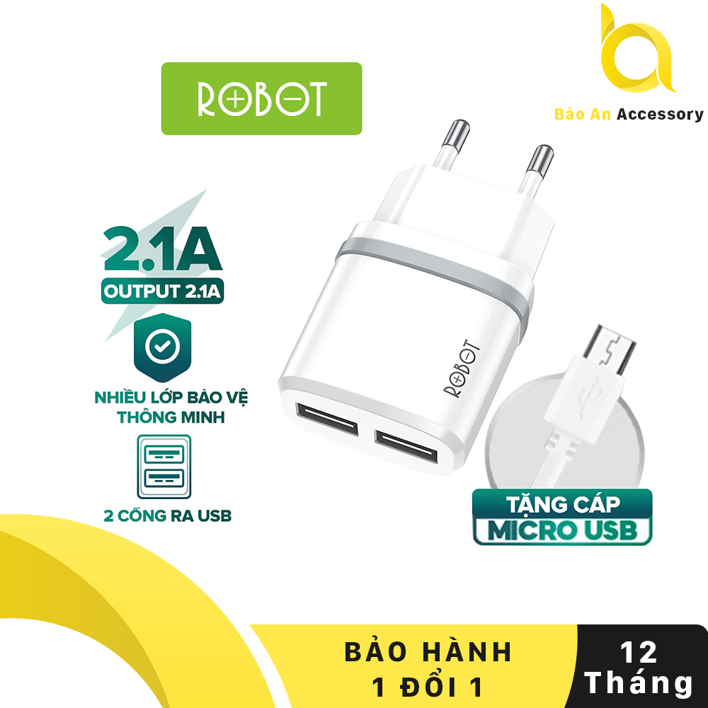 Cốc sạc 2 cổng usb robot rt-k9 2.1a tặng kèm cáp micro 1m hàng chính hãng bảo hành 12 tháng 1 đổi 1