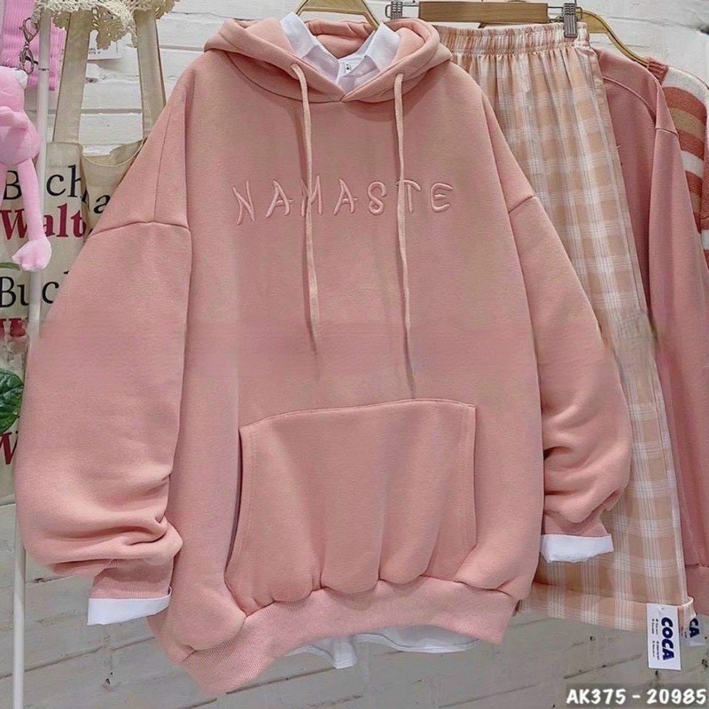 Áo Hoodie Nỉ Ngoại Tay Phồng Nón Lớn Thêu Chữ NAMASTER Form Rộng Dễ Thương