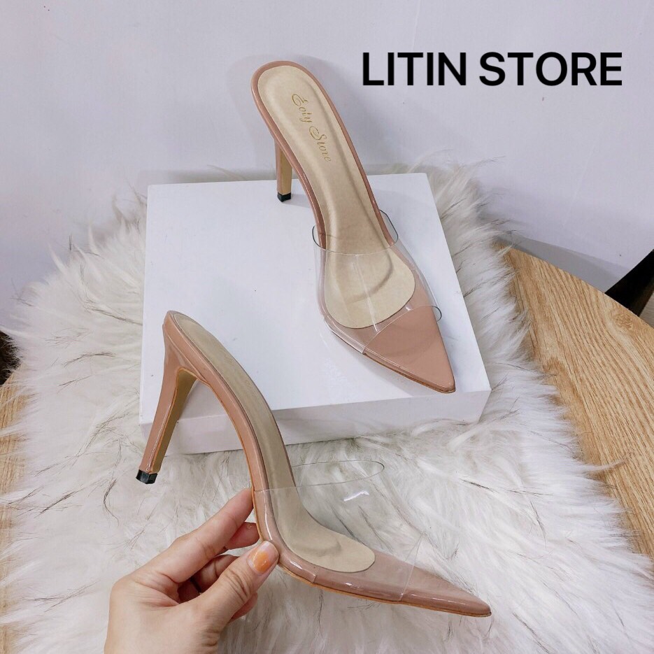 Dép nữ cao gót quai trong suốt 7-9p guốc cao gót đế nhọn hvnxk. litin store