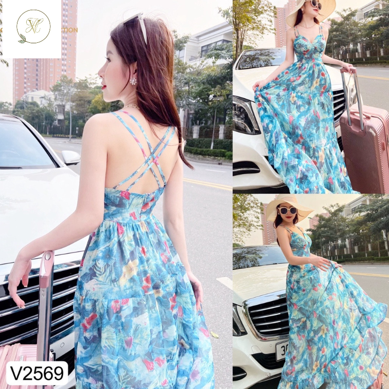 Đầm váy maxi voan hoa xanh đi biển Hvy