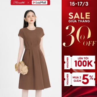 Đầm nữ HeraDG thiết kế dáng xòe xếp ly tay liền đính khuy phần eo chất liệu tuytsi cao cấp SDCBC1018