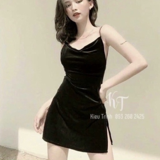 T2589 set đầm nhung nữ body hai dây cổ đổ hở lưng kèm áo khoác lacici