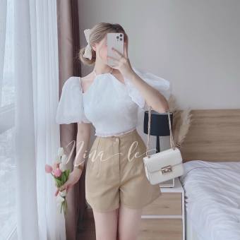 Set bộ đồ nữ áo yếm tay bồng vải tơ kèm quần short đùi nữ baby dễ thương