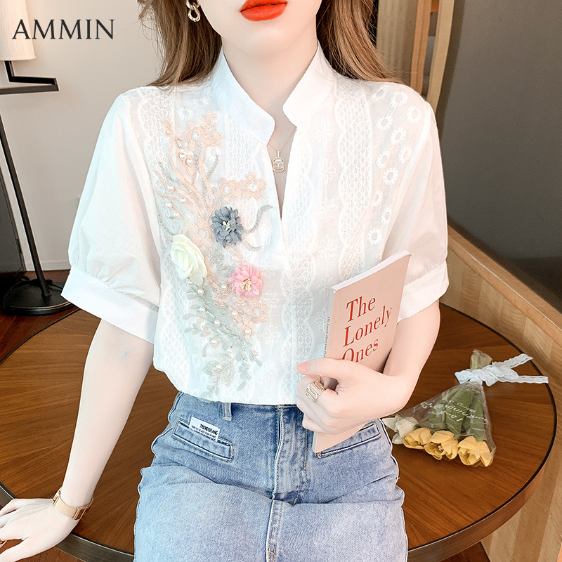 Ammin áo ren thêu hoài cổ thời trang 2022 cho nữ đầm mùa hè áo voan ren thường ngày hàn quốc mới hợp thời trang