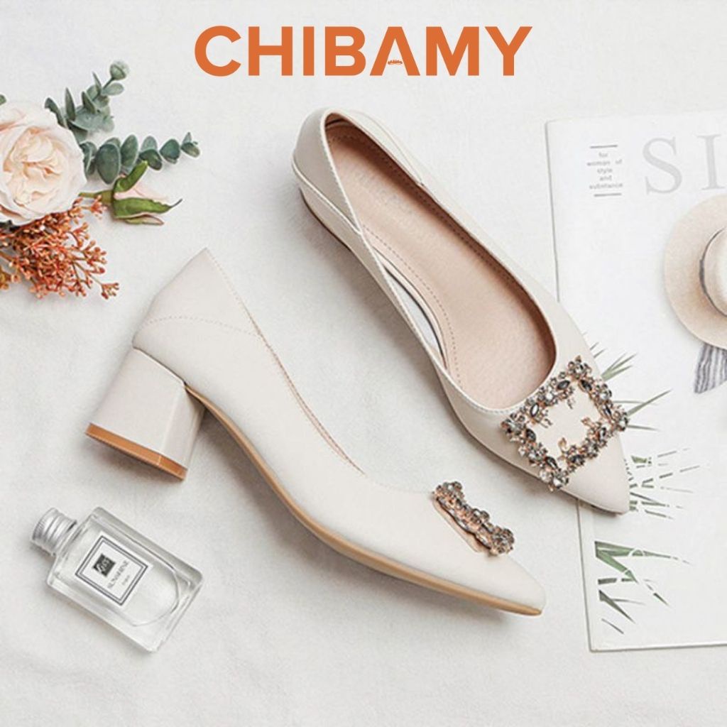 Giày cao gót nữ đính đá 5cm CHIBAMY, gót vuông mũi nhọn chất da mềm mã CG03