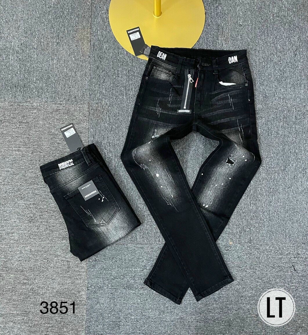 Quần jean nam cao cấp màu đen rách sướt vẩy sơn đơn giản dây kéo lệch sang chảnh hàng shop
