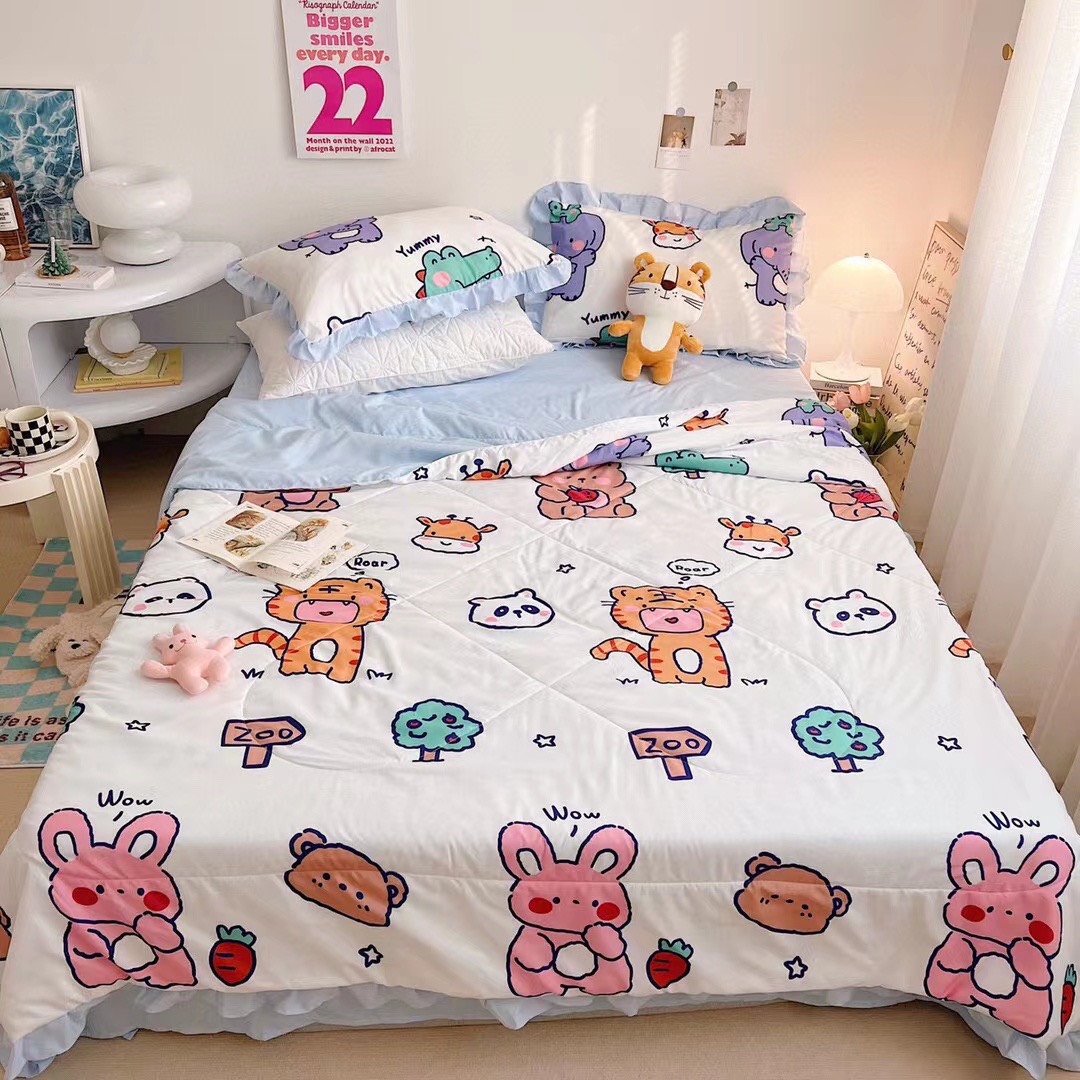 Bộ chăn ga gối + chăn hè trần bông mỏng vải cotton đũi 4 món