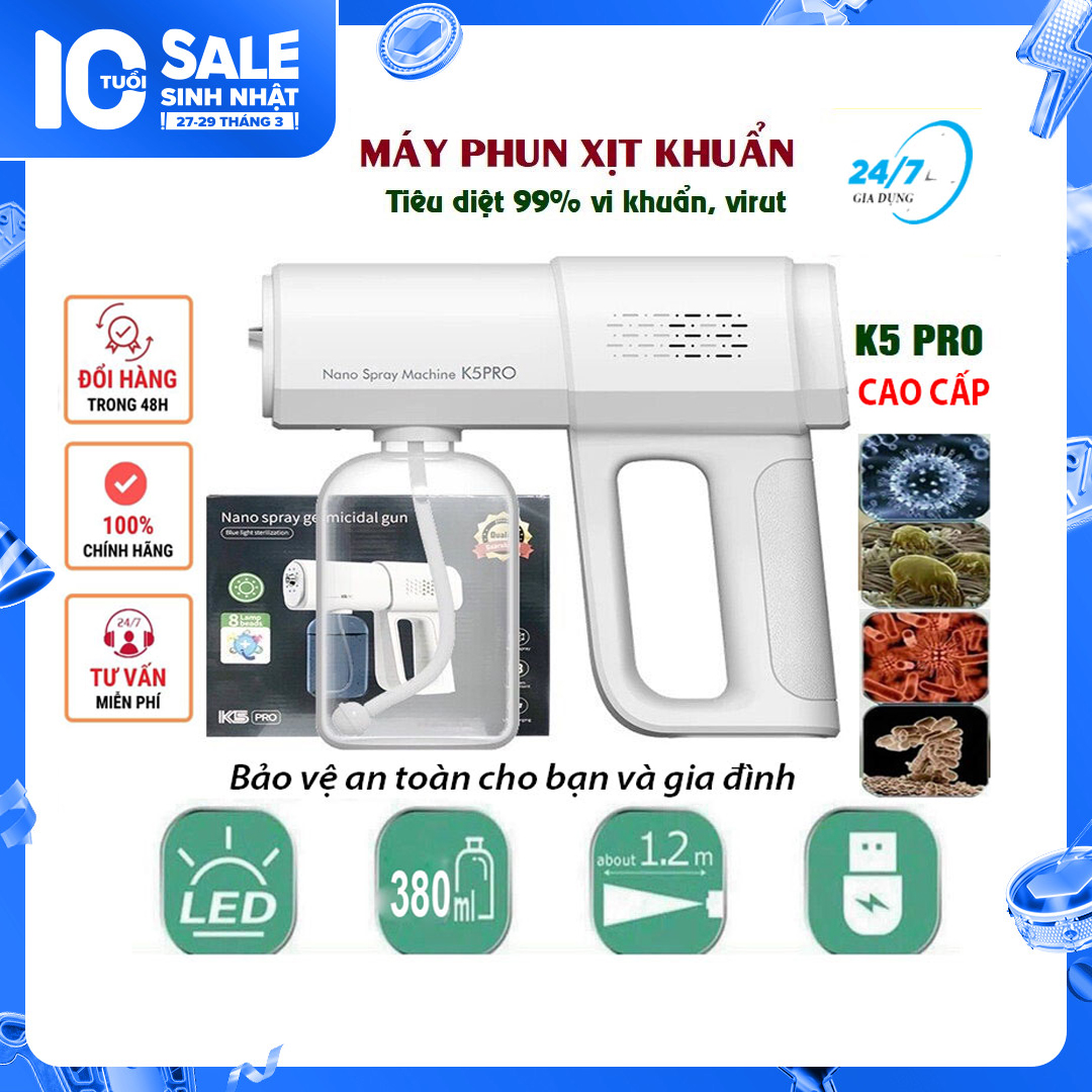 Máy phun khử khuẩn nano, Sung phun sương diệt khuẩn K5 Pro, súng xịt khuẩn cầm tay, thiết bị phun khử trùng gia đình tích hợp đèn xịt diệt khuẩn bằng tia UV diệt 99,9% vi khuẩn, công suất mạnh mẽ - Giadungbv247