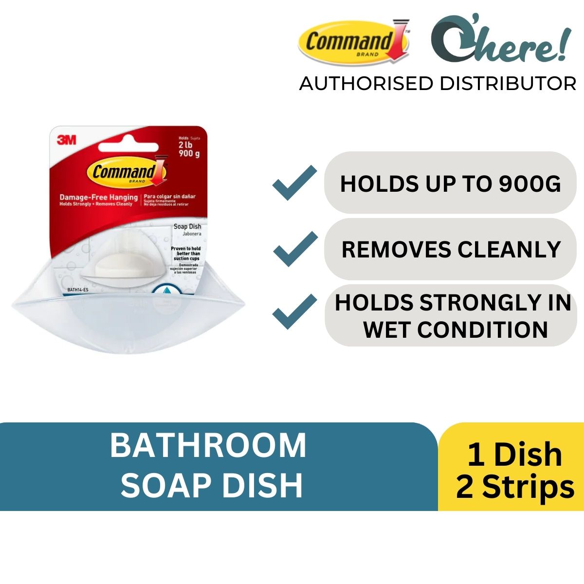 3M Bath14 Command Soap Dish Bath Adhesive Damage Free Plastic, Frosted, 3-Pack, White