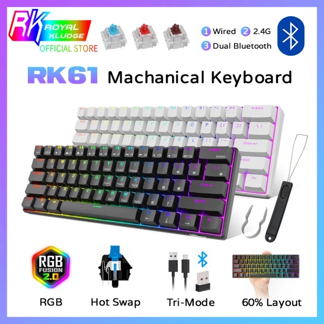 HOTSWAP - Bàn phím cơ không dây mini Royal Kludge RK61 RGB kết nối Dây, Bluetooth 5.1 và Wireless 2.4G Bàn Phím Chơi Game 68 Phím Công Tắc Hoán Đổi Nóng Cho Điện Thoại/Laptop/PC