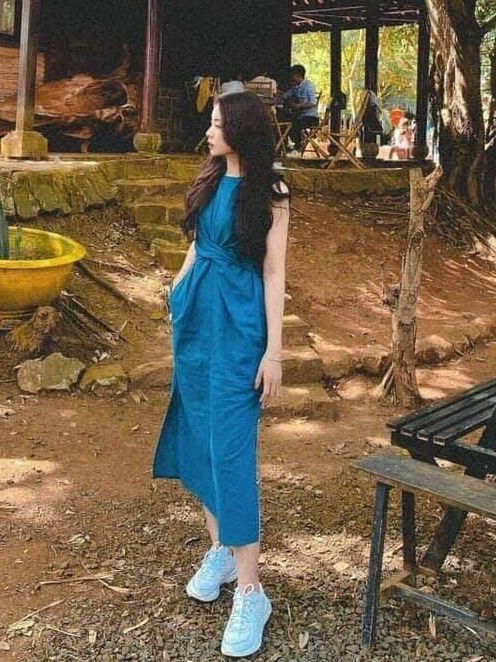 Đầm Hàn Quốc đơn giản áo cổ tròn tay cọc, đầm suông xoắn eo, đầm midi màu xanh ngọc siêu đẹp, đầm đi biển, đi chơi chất đũi xước siêu đẹp