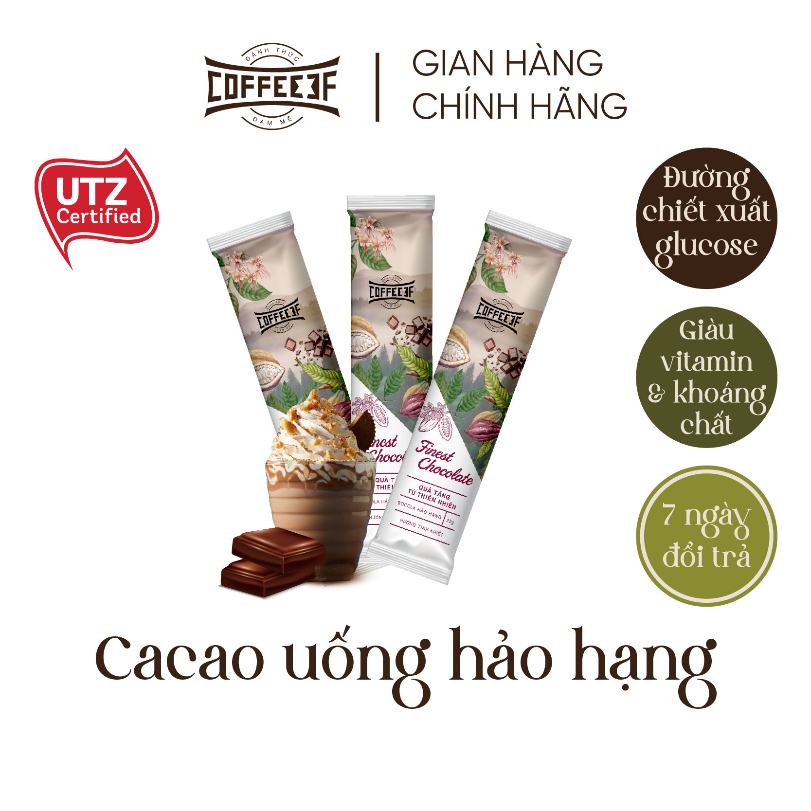 Cacao Socola uống hảo hạng Finest Chocolate gói lẻ 22g - 70% cacao Đắk Lắk
