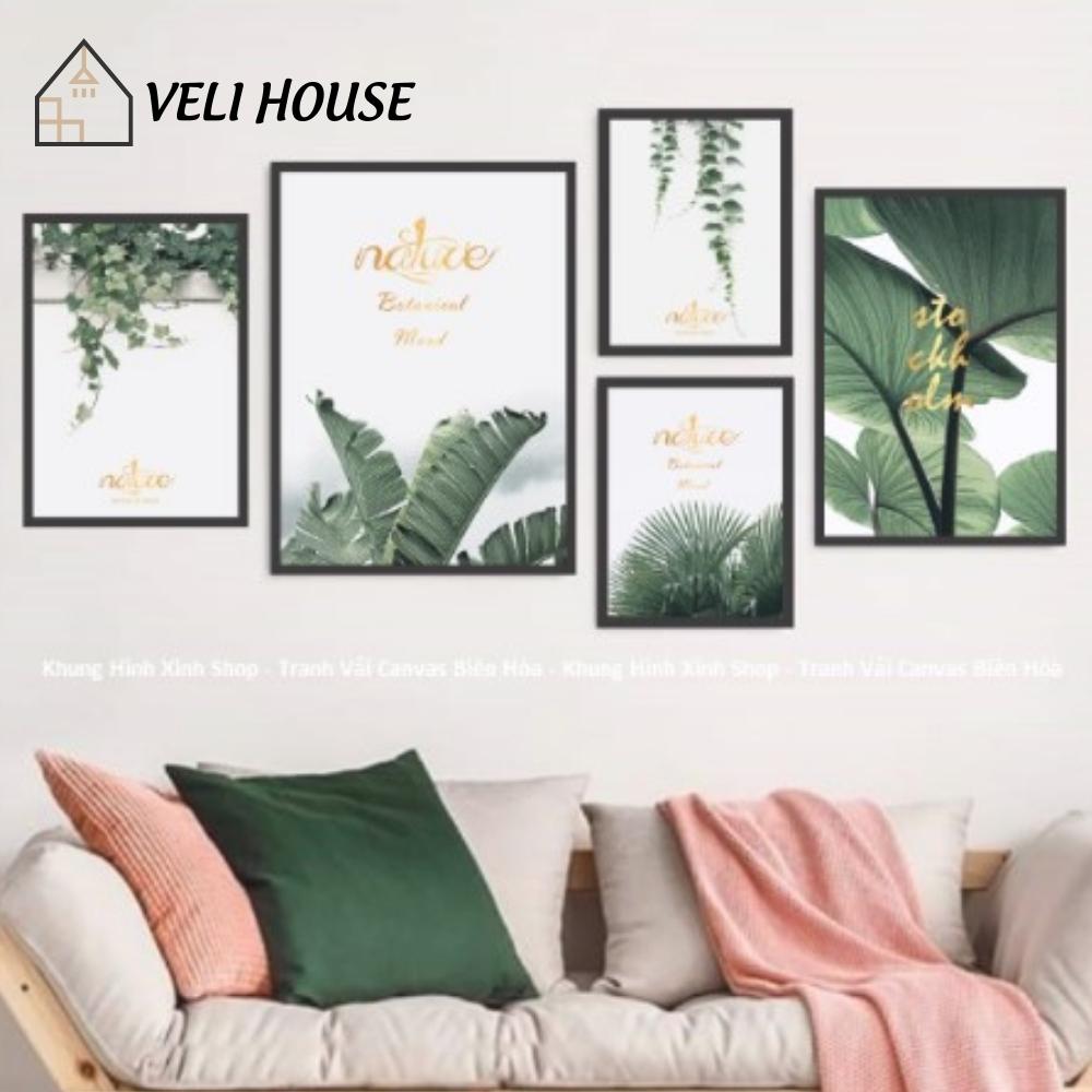 Bộ 5 tranh vải canvas treo tường bắc âu kcv58 - Lá xanh nhiệt đới - Kèm khung - Veli house