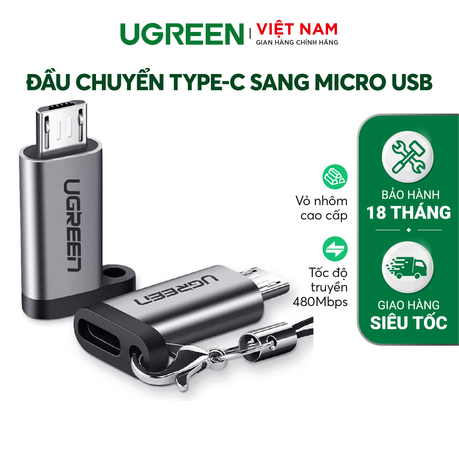 Đầu chuyển cổng Type C sang cổng Micro USB UGREEN US282 | Sạc và đồng bộ hoá dữ liệu | Chiều dài 2,5cm | Bảo hành 18 tháng 1 Đổi 1 | 50590.