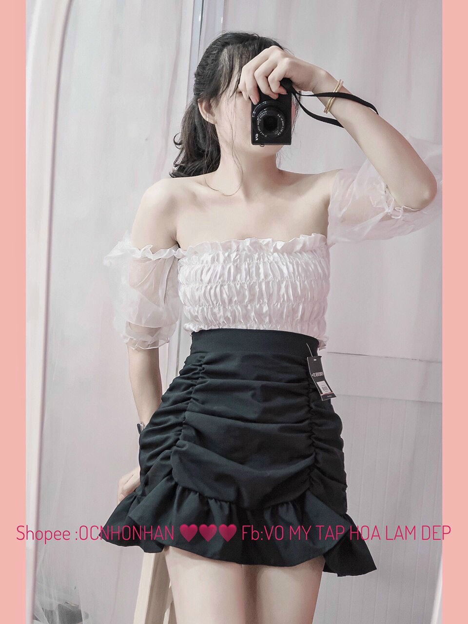 Áo kiểu croptop nhúm phối tay voan kiếng cực xinh , chất lụa mềm mịn