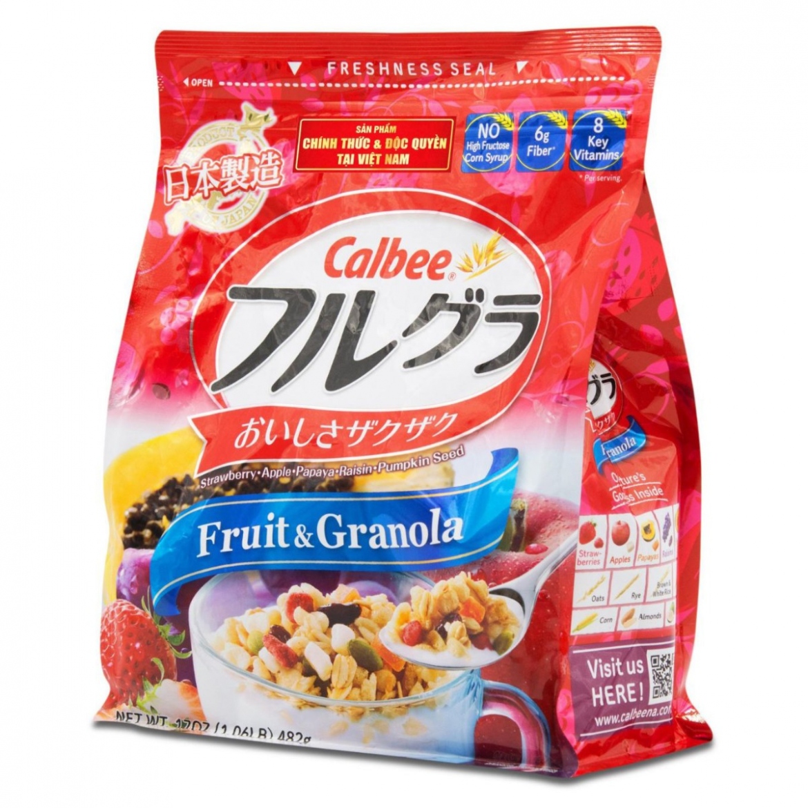Ngũ Cốc Calbee đỏ 750g nội địa Nhật Bản, túi zip tiện dụng, ngon bổ dưỡng