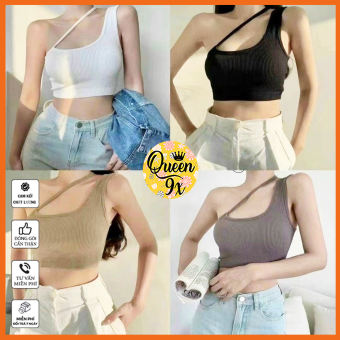 Áo Croptop Dây Chéo Lệch Vai Chất Gân Tăm 5 Màu Đen Trắng Nâu Tàn Rêu