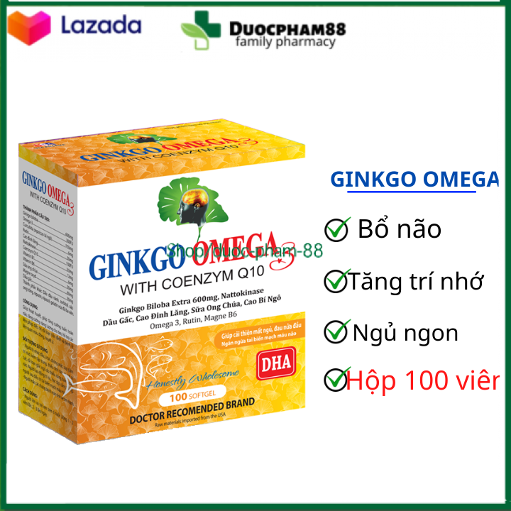 Hoạt huyết dưỡng não ginkgo omega vàng giảm đau đầu, hoa mắt, chóng mặt, rối loạn tiền đình - Hộp 100 viên