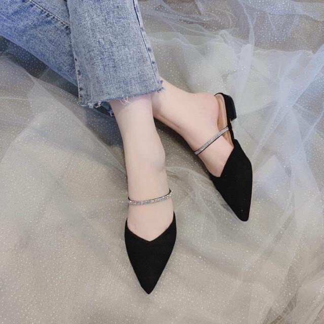 Giày sục nữ thời trang mũi nhọn da nhung quai ngang đính đá tinh tế sành điệu