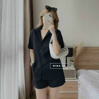 Sét Bộ Đũi Xốp Sọc Cài Nút Sau Cột Nơ Mặc Nhà Dạo Phố Siêu Hot .QC