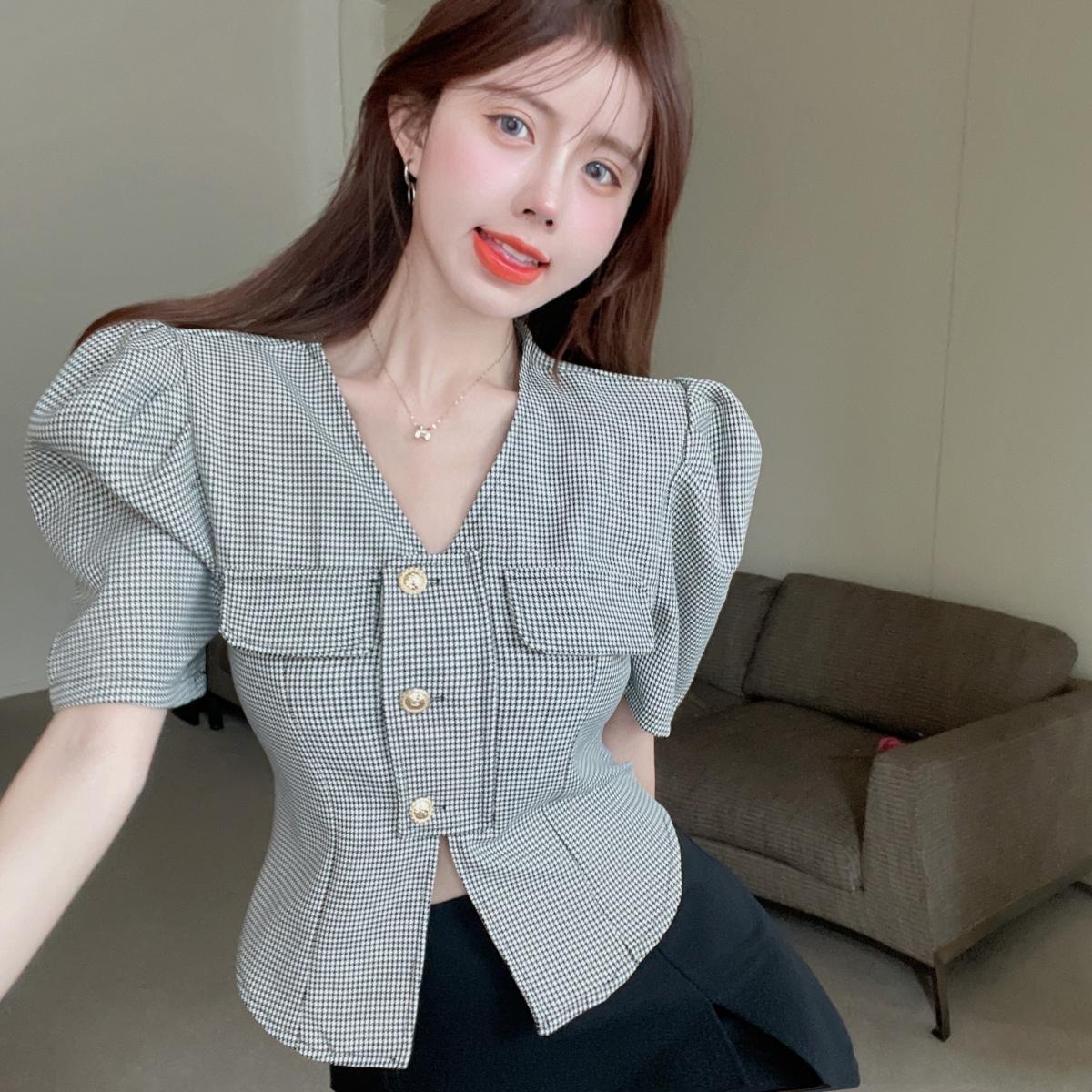 Áo sơ mi hàn quốc áo sơ mi caro sọc tweed tay bồng V25