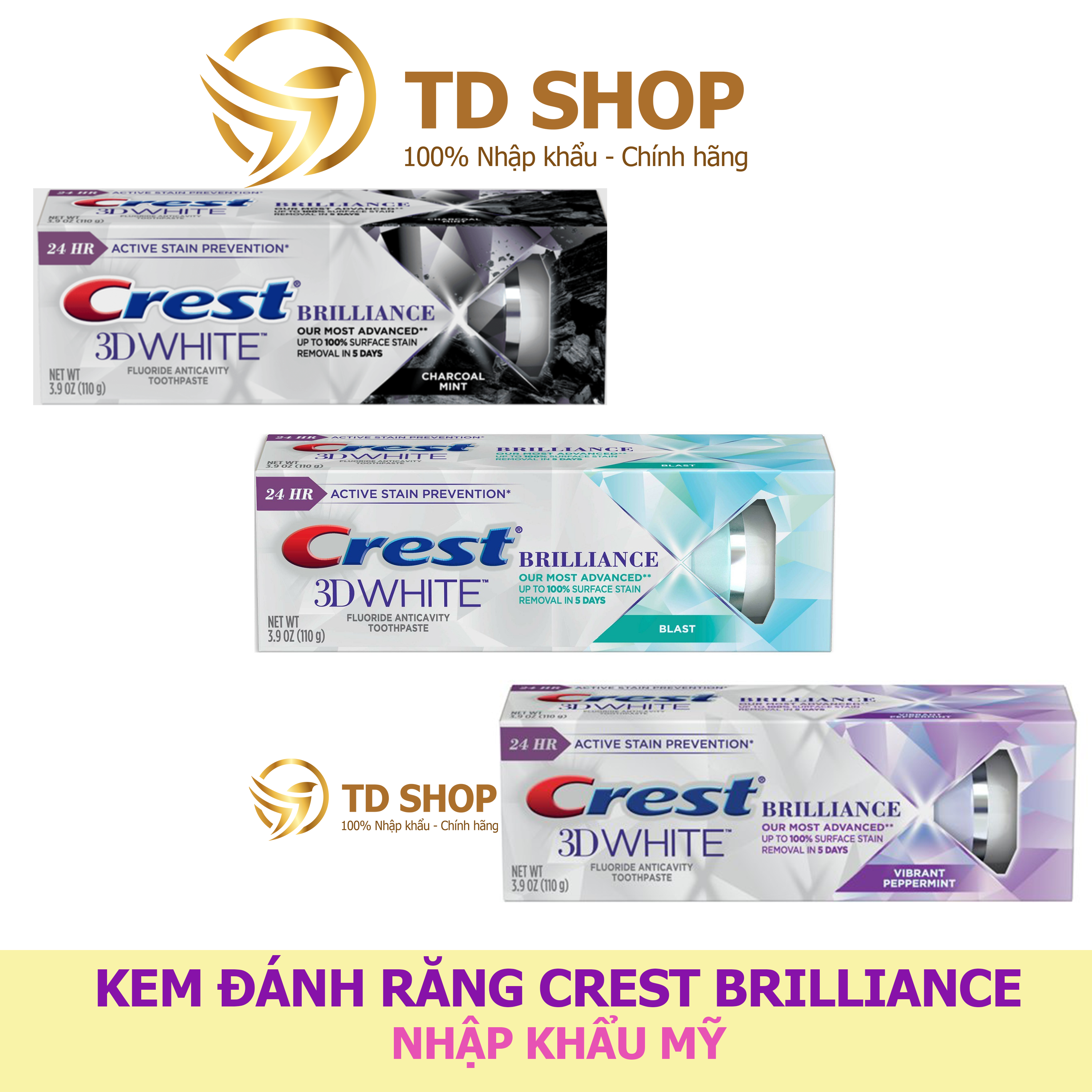 [NK Mỹ] Kem đánh răng Crest 3D White 99g Brilliance Peppermint I Blast I Charcoal - TD Shop