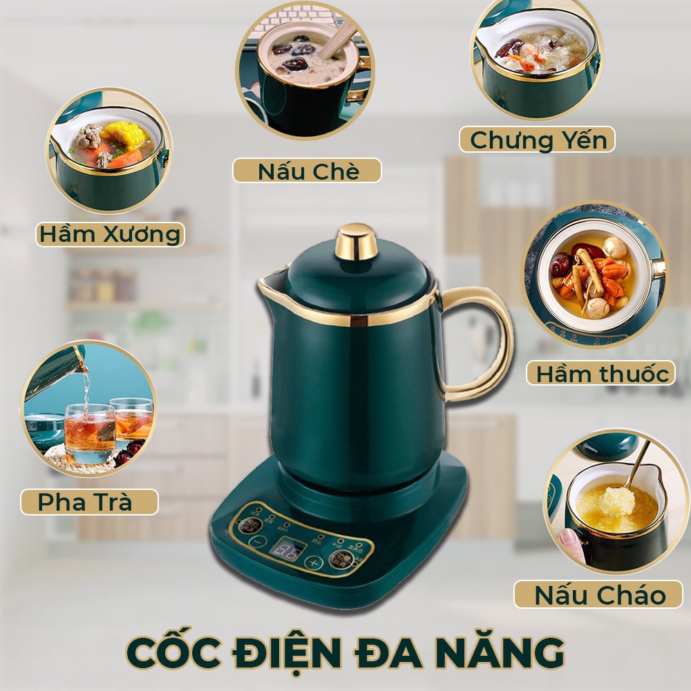 Bộ cốc chưng yến hầm nấu ninh đa năng 500ml bằng sứ đế điện, cốc chưng yến, bộ hầm yến đa năng, cốc sứ điện đa năng, cốc hầm tiện dụng - 6 trong 1 - nấu cháo, hầm xương, pha trà, chưng yến, nấu chè,...có bảo hành