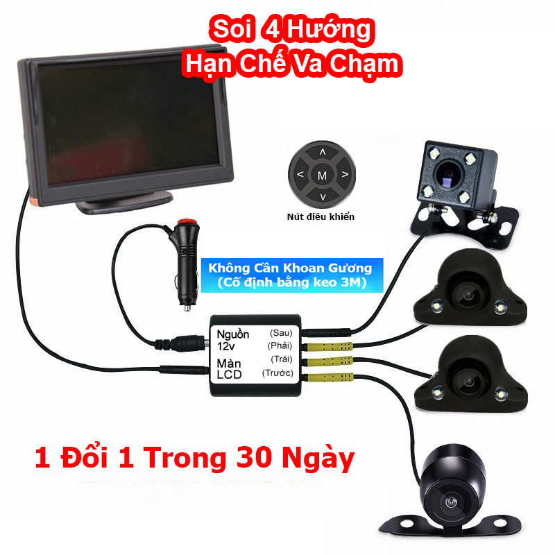 Camera 360 Ô Tô Full 4 Mắt cam Soi 4 Hướng Trái, Phải, Trên, Sau , Màn Hình Dán 4.3inch HD Siêu Nét, Có Đèn LED Đi Đêm, BH 1 năm, 1 Đổi 1 Trong 12 Tháng