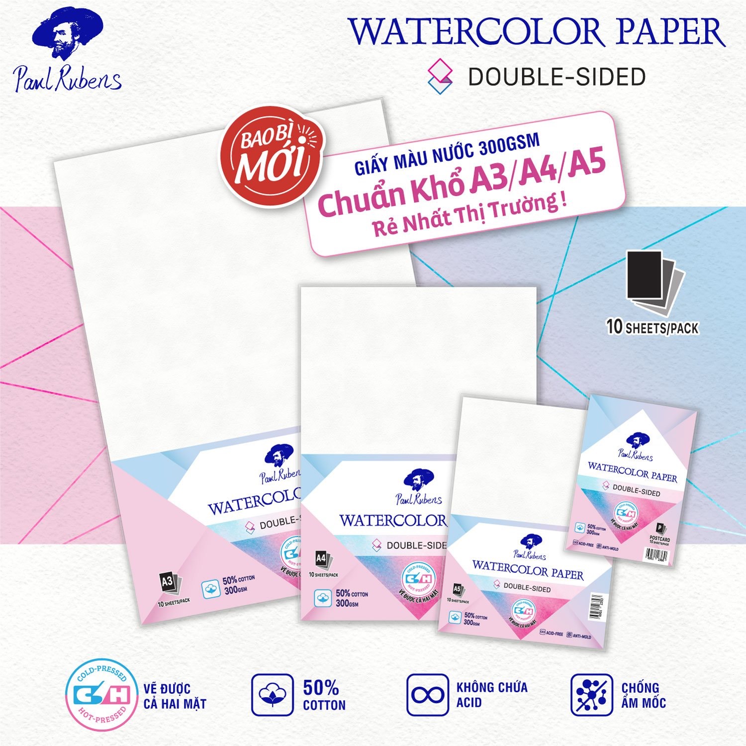Giấy vẽ màu nước Paul Rubens 300gsm size A3/A4/A5 và size B4/B5 2 mặt vân hot/cold