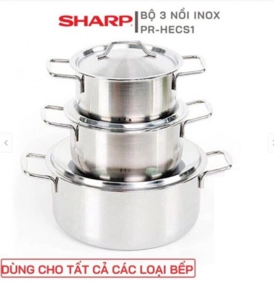 [DÙNG ĐƯỢC BẾP TỪ] Bộ 3 Nồi Inox 1 Đáy 16cm-18cm-24cm - Bộ nồi SHARP inox dùng được tất cả các loại bếp
