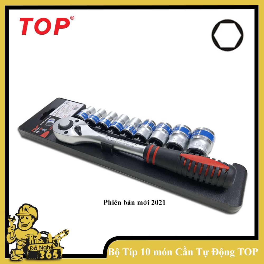 Bộ tuýp 10 chi tiết 1/2" (Cần tự động cán bọc nhựa) Top  bộ gồm 9 đầu tuýp từ 10mm đến 24mm và 1 cần tự động vuông nhanh tiện dụng, thép CR-V cao cấp, dùng sửa chữa máy móc, xe các loại