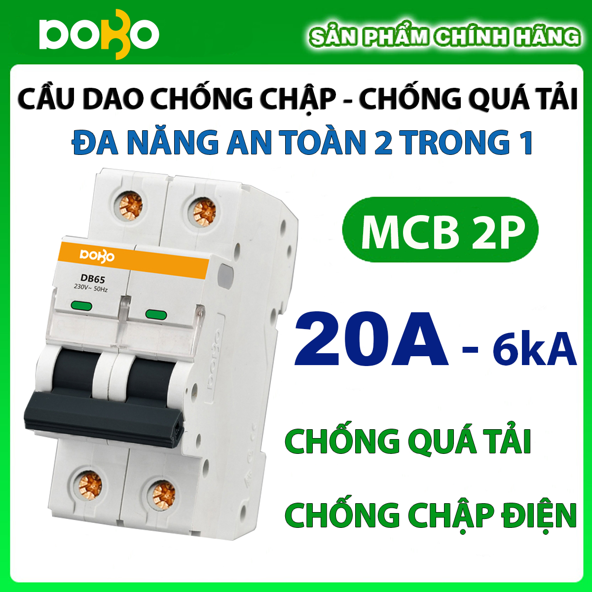 [HÀNG CHÍNH HÃNG]  Cầu Dao Tự Động MCB DOBO KOREA 2P 20A 6kA Loại Tốt CHỐNG CHẬP - CHỐNG QUÁ TẢI SIÊU NHẠY ( Aptomat chống chập)