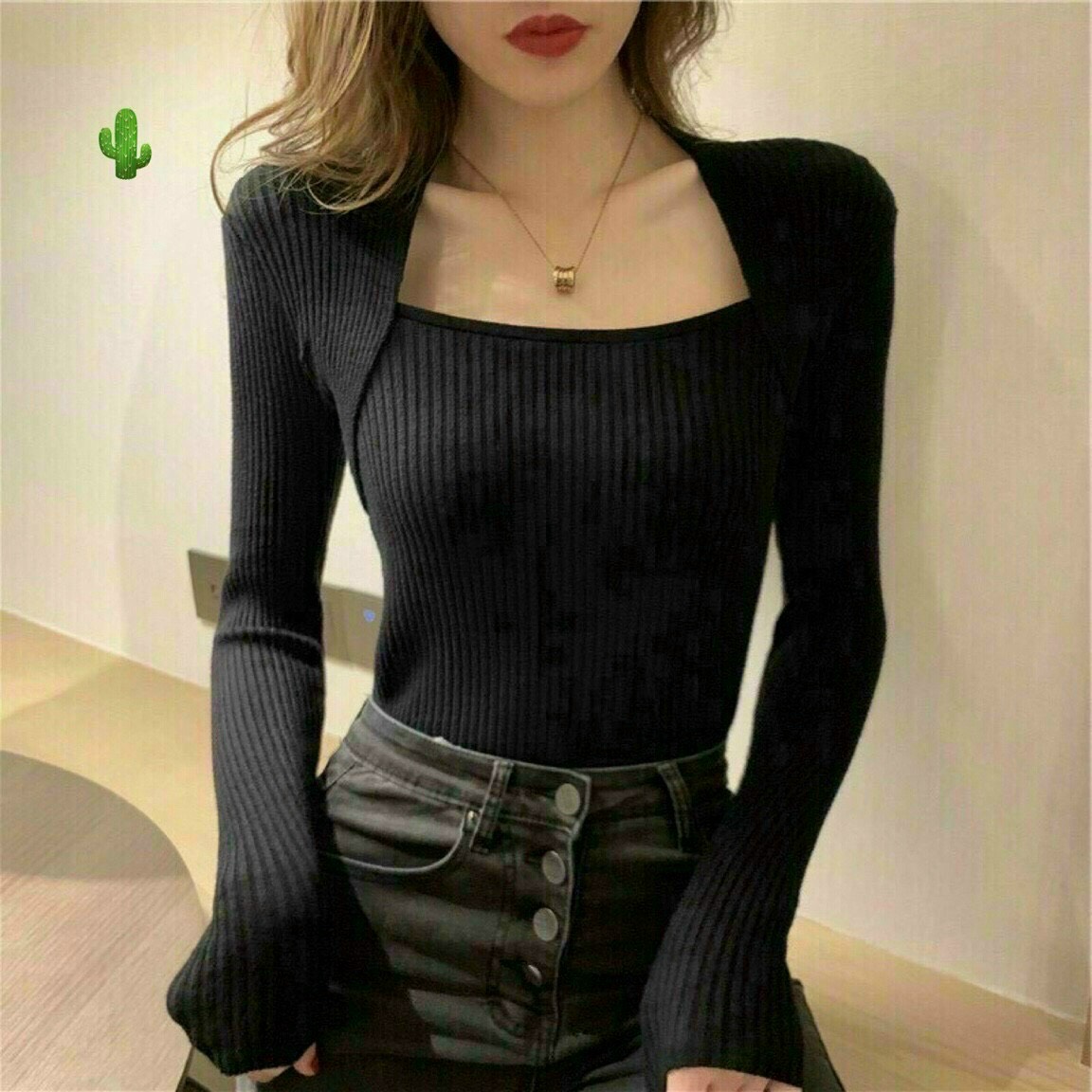 - Áo thun gân nữ tay dài cổ vuông chéo dệt kim mỏng sang trọng thiết kế đơn giản form ôm body tôn dáng chuẩn PC
