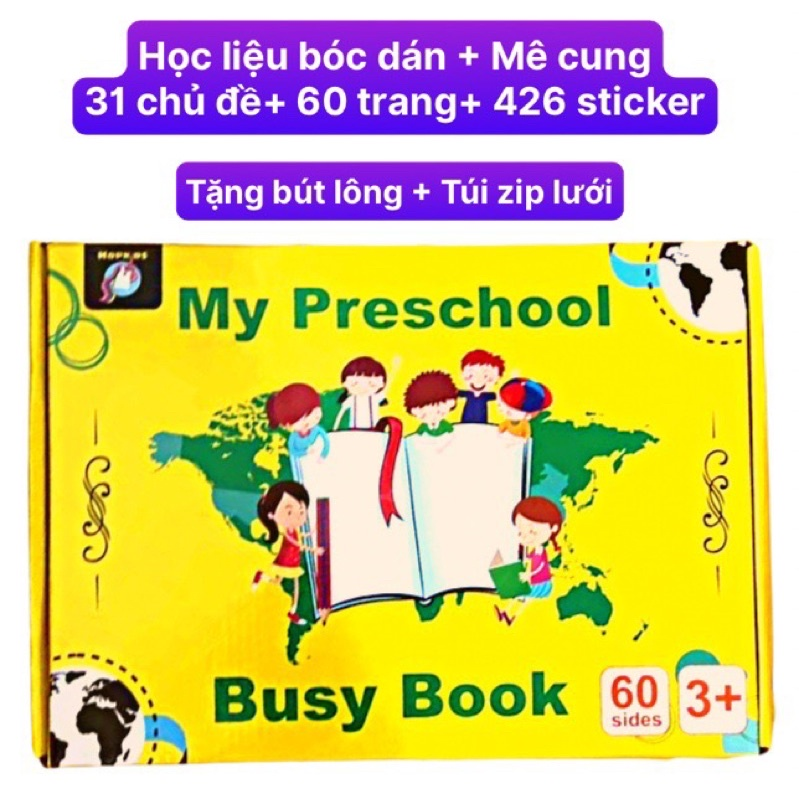 Học liệu bóc dán montessori my preschool 31 chủ đề 60 trang busy book đồ chơi thông minh cho bé tập tô chữ + mê cung